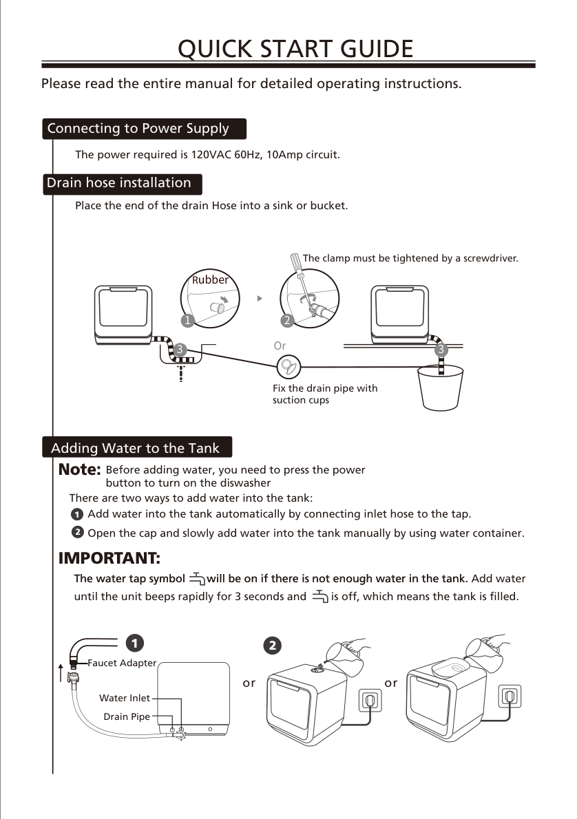 COMFEE dishwasher quick start guide showing power supply drain hose and water tank filling