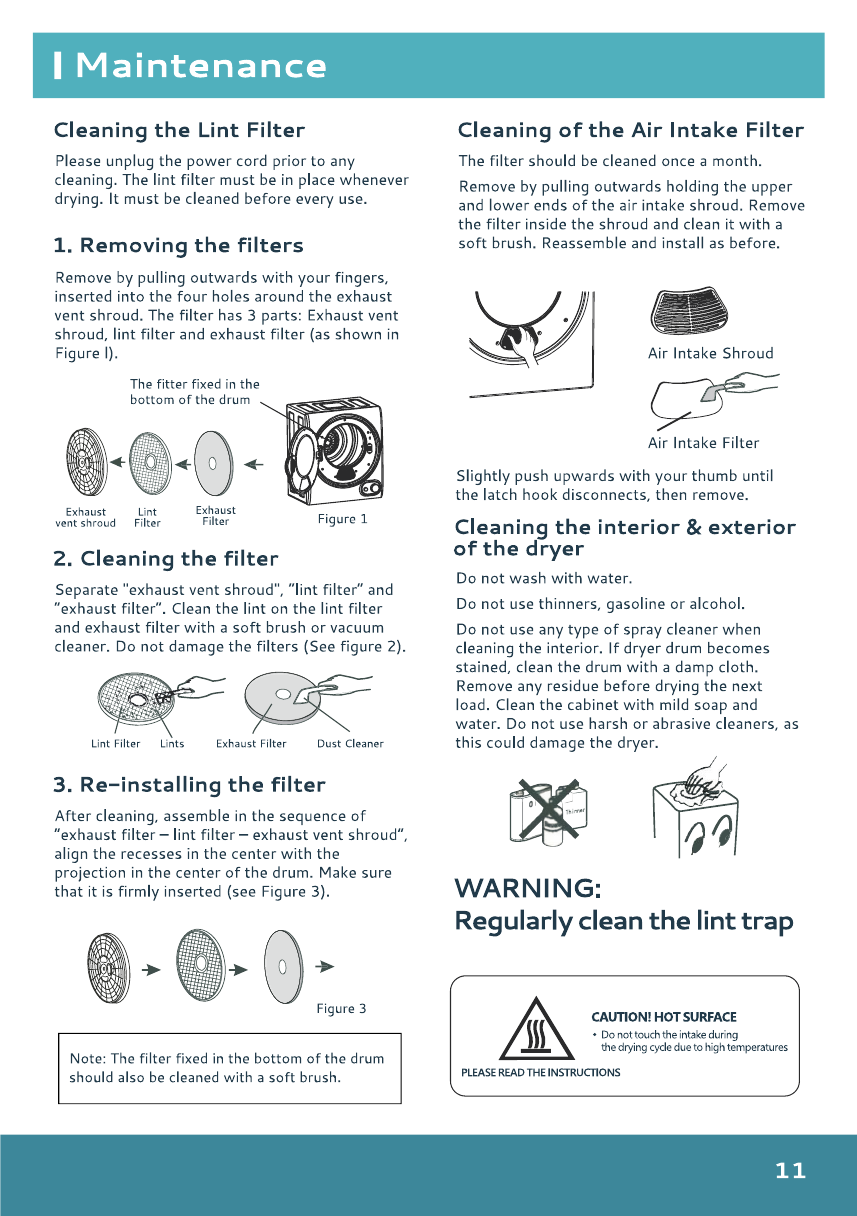 Compact dryer lint filter and air intake filter cleaning guide