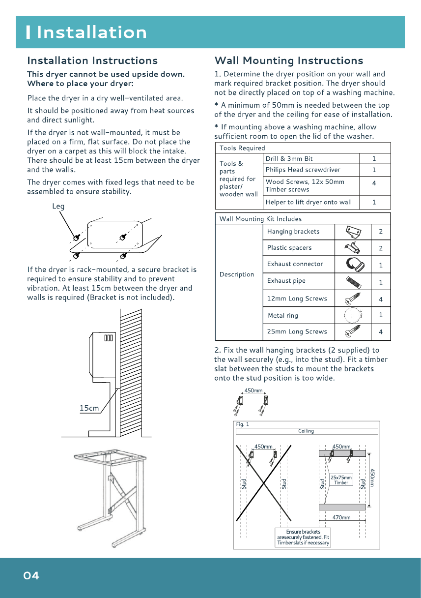 Compact dryer installation clearance and wall mounting guide