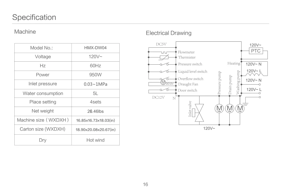 Hermitlux dishwasher specification table and electrical drawing