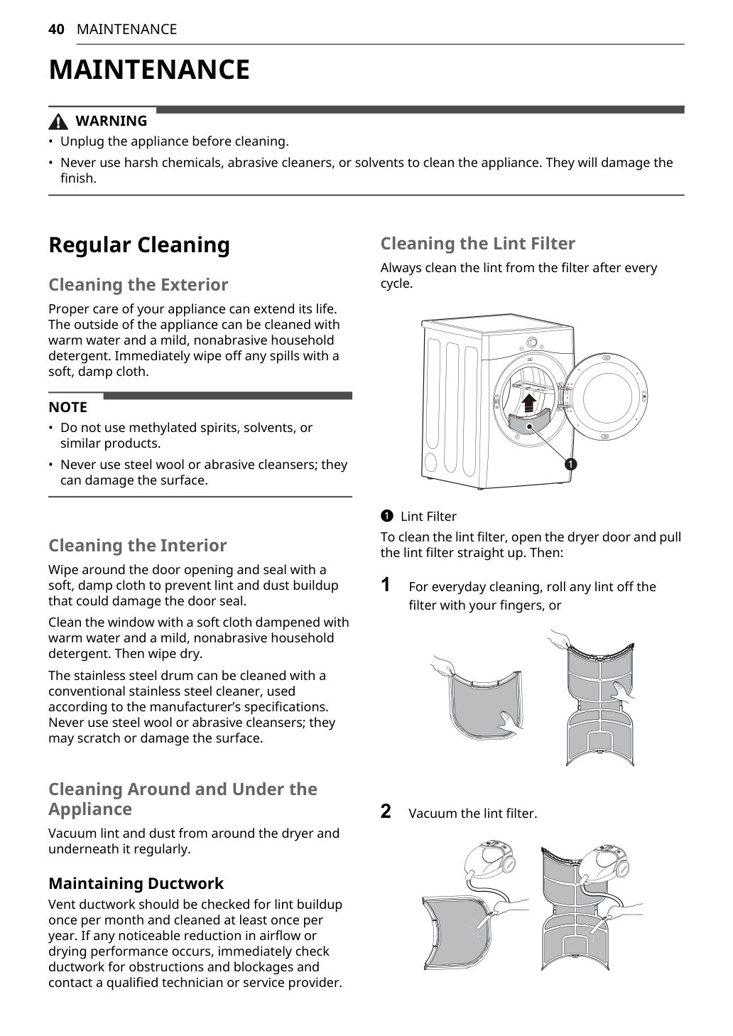 LG dryer maintenance and lint filter cleaning manual screenshot