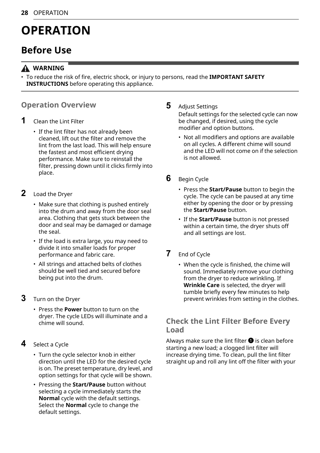 LG dryer operation overview manual screenshot