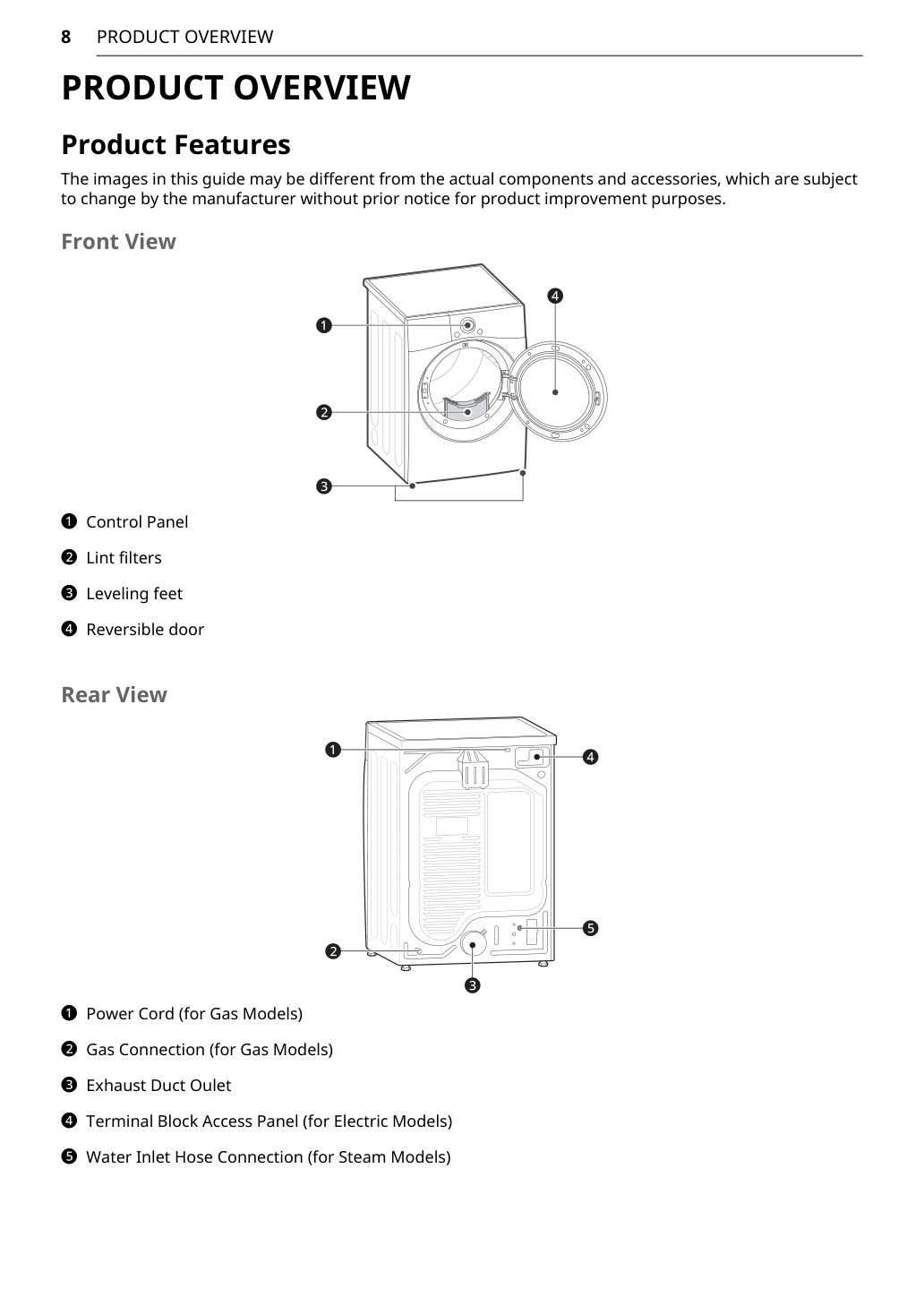 LG dryer product overview manual screenshot showing front and rear view