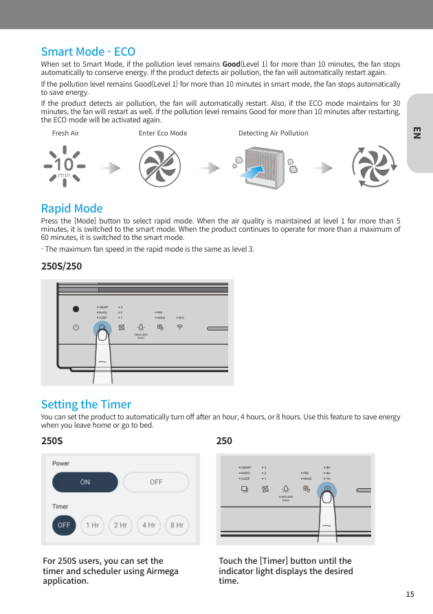 Coway Airmega Eco mode, Rapid mode, and Timer guide from the user manual