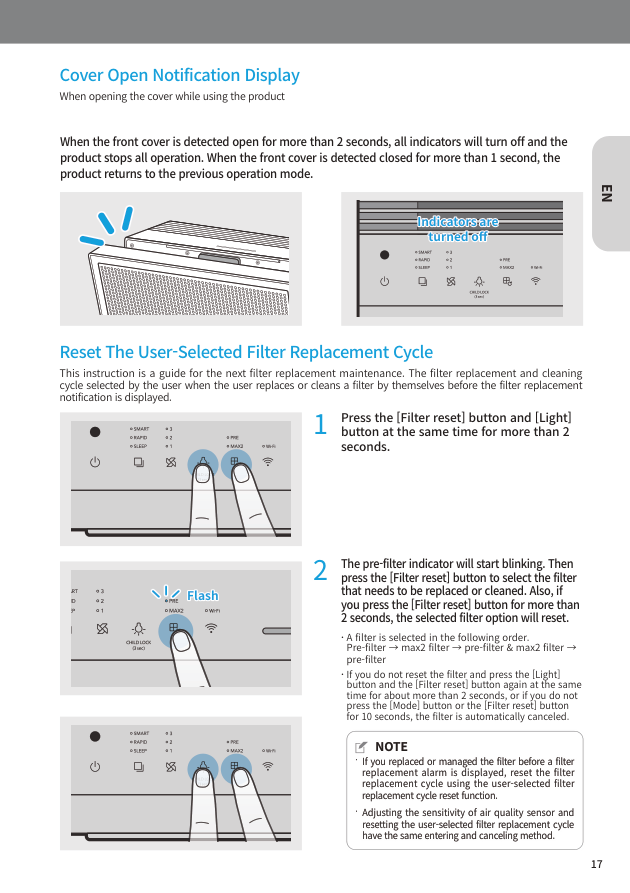 Coway Airmega cover notification and filter replacement cycle reset guide from the user manual