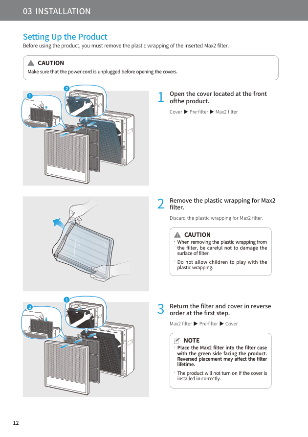 Coway Airmega filter setup steps from the user manual