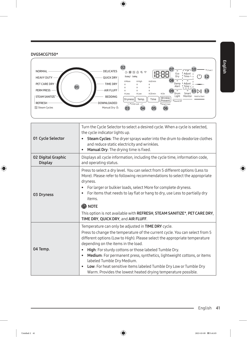 Samsung gas steam dryer control panel buttons and display