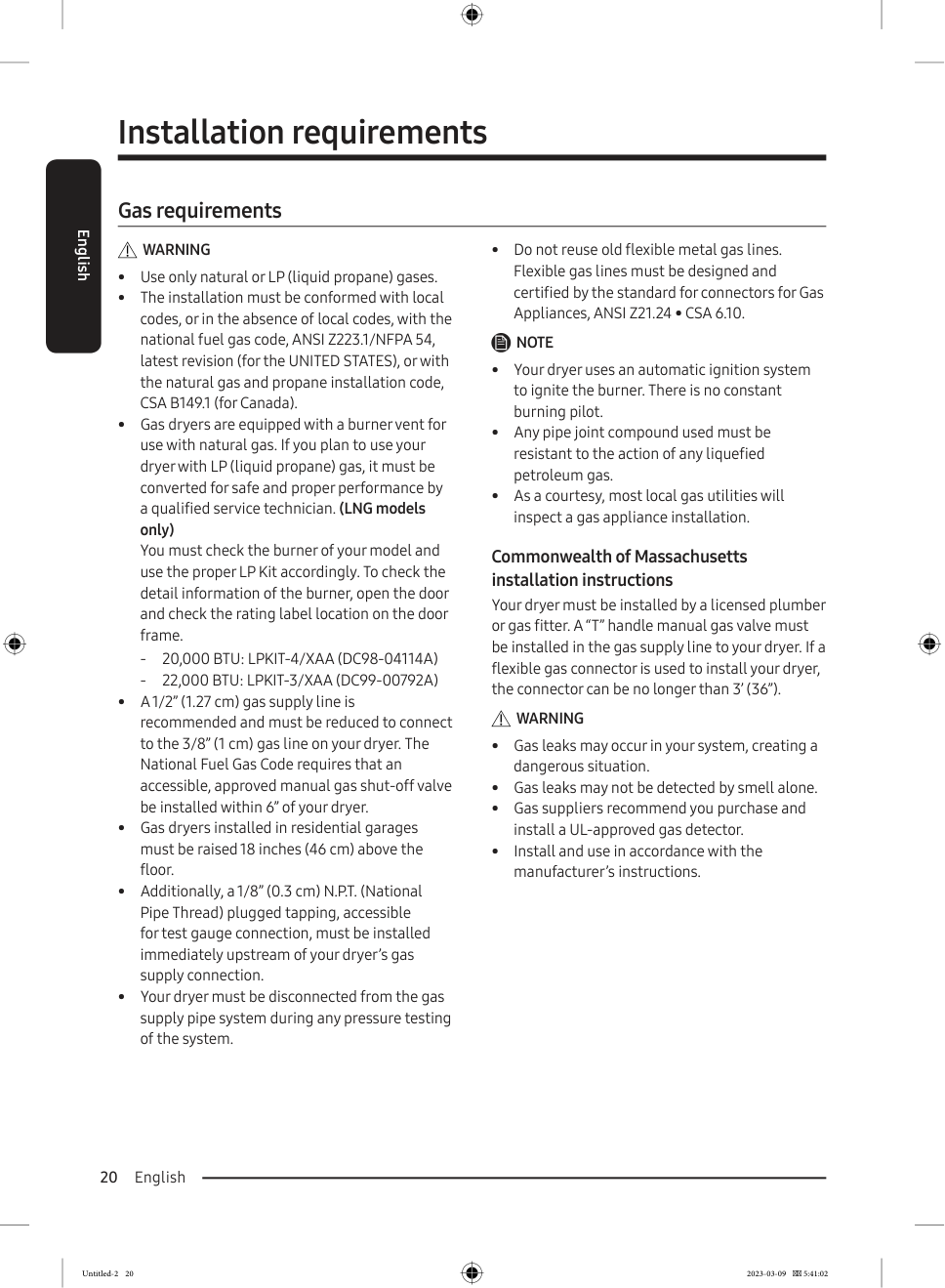 Samsung gas steam dryer gas requirements from the user manual