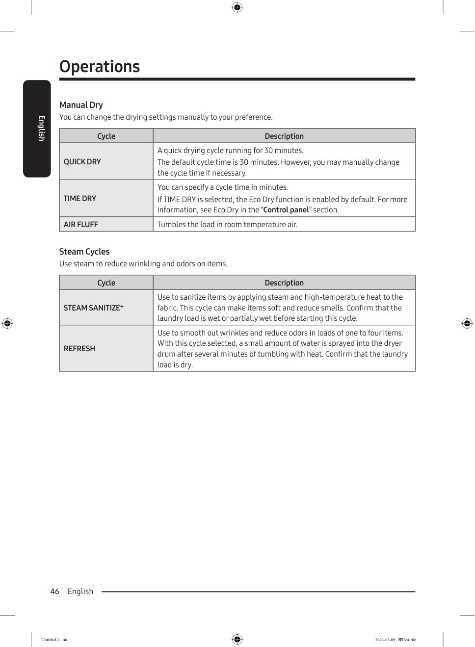 Samsung dryer Manual Dry and steam cycle descriptions