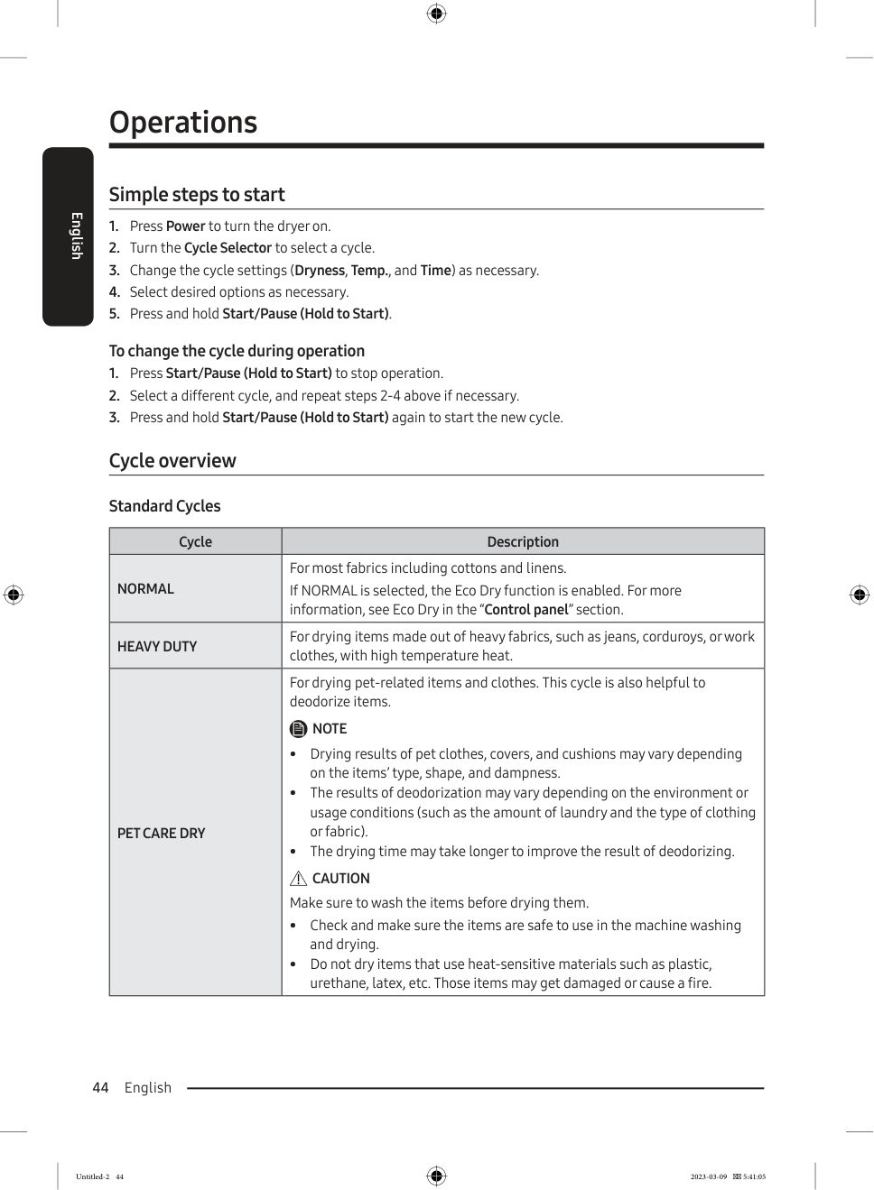 Samsung dryer simple start steps and standard drying cycles