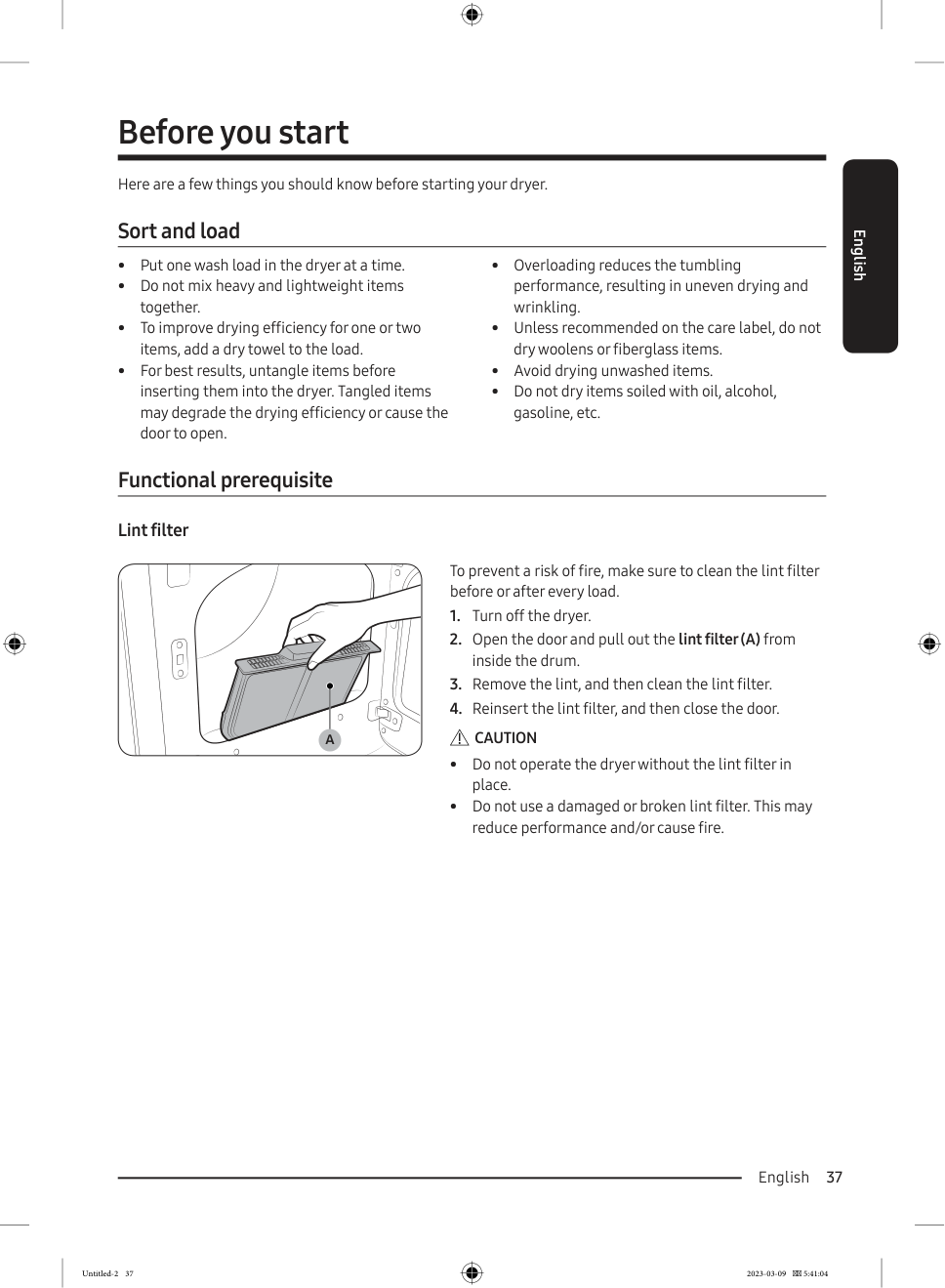 Samsung dryer sort and load guidance and lint filter cleaning instructions