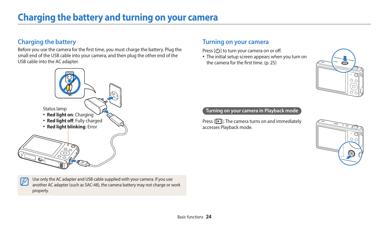 Samsung camera battery charging connection and status lamp