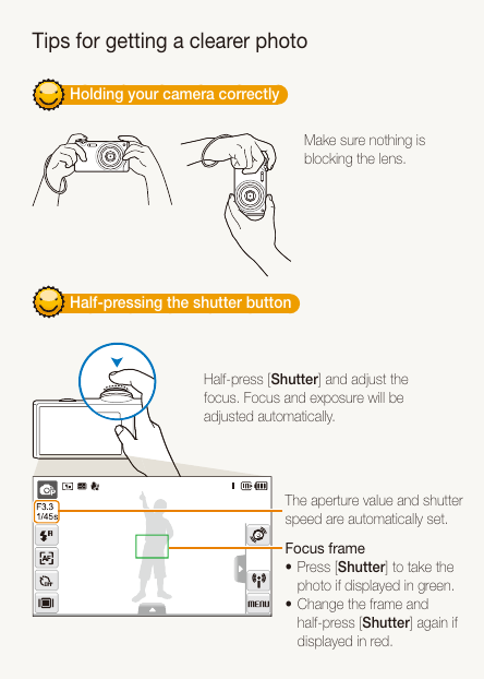 Samsung camera focus frame and half-press shutter guidance