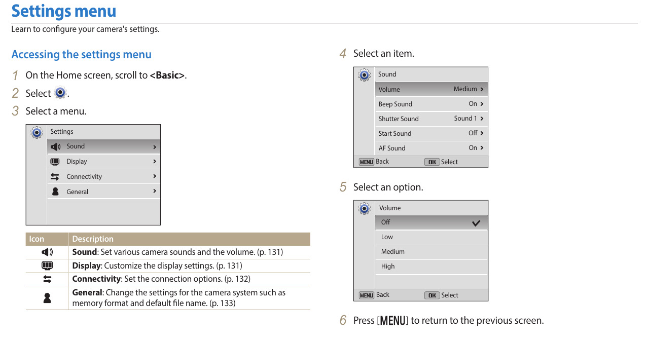 Samsung camera Settings menu showing the Sound controls