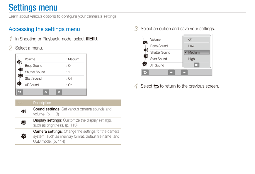 Samsung camera Settings menu showing the Sound controls