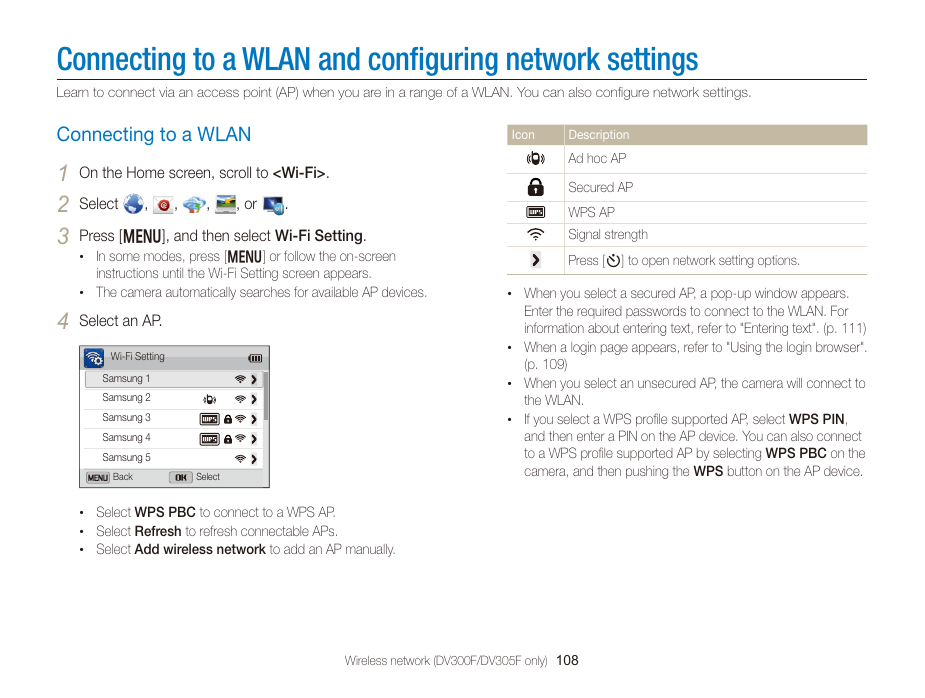 Samsung camera wireless network selection screen