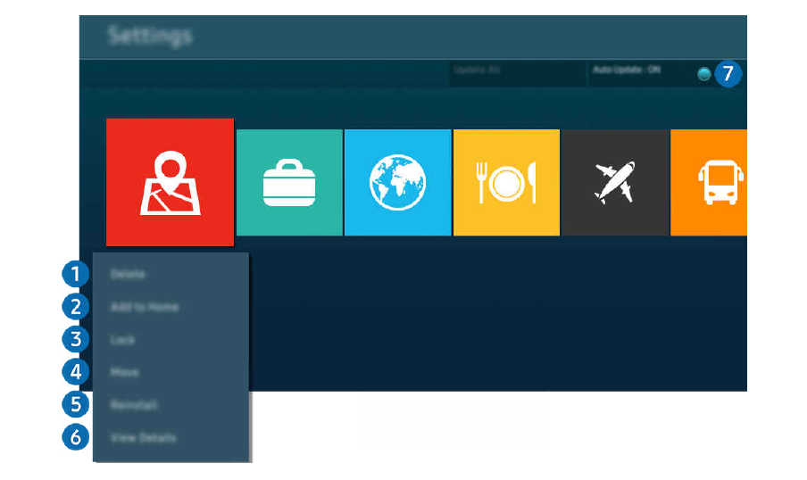 Samsung TV Apps Settings screen with Add to Home and Auto Update controls