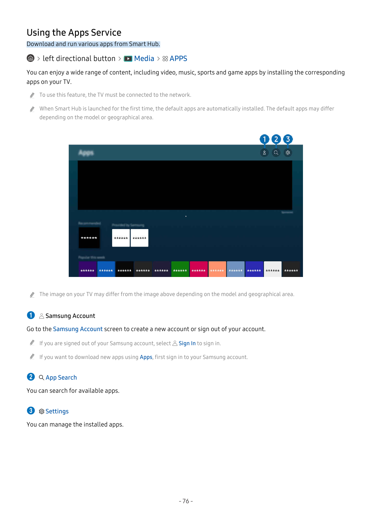 Samsung TV Apps screen with account, search and settings controls